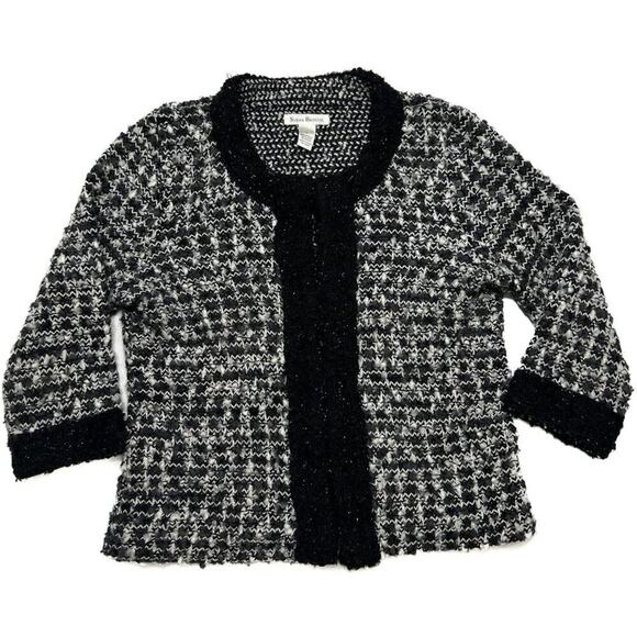 Susan Bristol Knit Cardigan Sweater Black & White Wool Blend Womens Large Preppy - Picture 1 of 11
